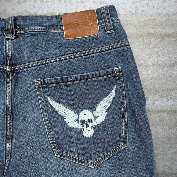 Vintage Skater Wide Leg Jean Shorts Sound of Freedom Grey Wash Baggy Denim Y2K - Picture 3 of 5